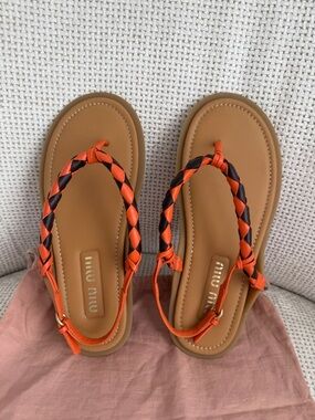 Miu Miu Orange and Black Braided Thong Sandals